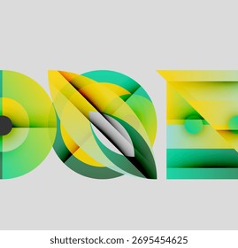 Abstract geometric composition. Overlapping shapes create dynamic visual effect. Yellows, greens dominate neutral background. Modern design.