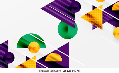 Abstract geometric composition. Overlapping shapescircles, triangles, rectanglescreate dynamic visual effect. Purple, green, yellow hues dominate white background. Modern design elements present.