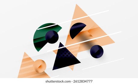 Abstract geometric composition. Overlapping shapescircles, trianglescreate dynamic visual interest. Warm orange contrasts cool dark blues, greens. Clean lines define forms, offering modern aesthetic.