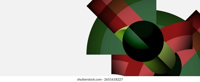 Abstract geometric composition. Overlapping squares, circles create dynamic visual effect. Red, green hues dominate white background. Modern design.