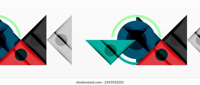 Abstract geometric composition with overlapping triangles, circles, and gradients, featuring a central circular design with text