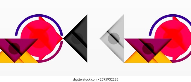 Abstract geometric composition with overlapping triangles, circles, and gradients, featuring a central circular design with text