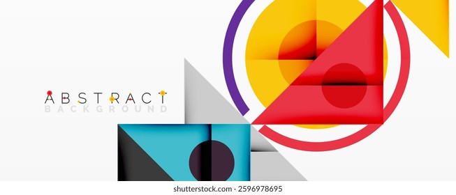 Abstract geometric composition with overlapping triangles, circles, and gradients, featuring a central circular design with text