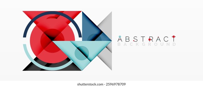 Abstract geometric composition with overlapping triangles, circles, and gradients, featuring a central circular design with text