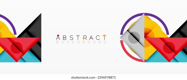 Abstract geometric composition with overlapping triangles, circles, and gradients, featuring a central circular design with text