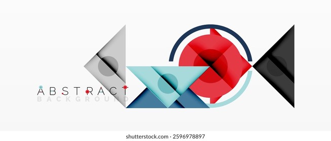 Abstract geometric composition with overlapping triangles, circles, and gradients, featuring a central circular design with text