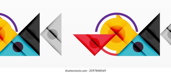 Abstract geometric composition with overlapping triangles, circles, and gradients, featuring a central circular design with text