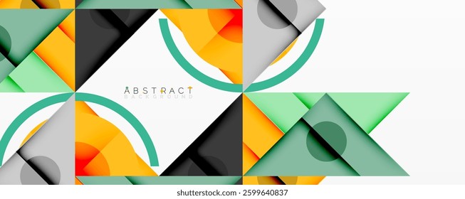 Abstract geometric composition with overlapping triangles, circles, and gradients, featuring a central circular design with text