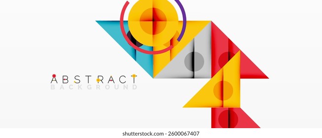 Abstract geometric composition with overlapping triangles, circles, and gradients, featuring a central circular design with text