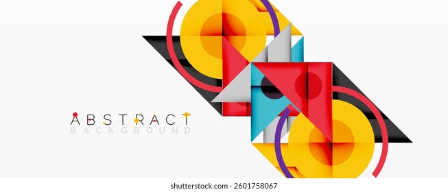 Abstract geometric composition with overlapping triangles, circles, and gradients, featuring a central circular design with text