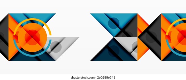 Abstract geometric composition with overlapping triangles, circles, and gradients, featuring a central circular design with text