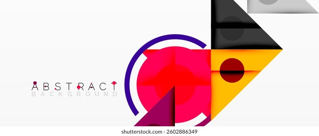Abstract geometric composition with overlapping triangles, circles, and gradients, featuring a central circular design with text