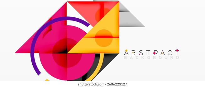 Abstract geometric composition with overlapping triangles, circles, and gradients, featuring a central circular design with text