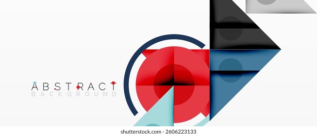 Abstract geometric composition with overlapping triangles, circles, and gradients, featuring a central circular design with text