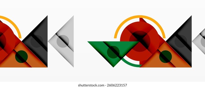Abstract geometric composition with overlapping triangles, circles, and gradients, featuring a central circular design with text