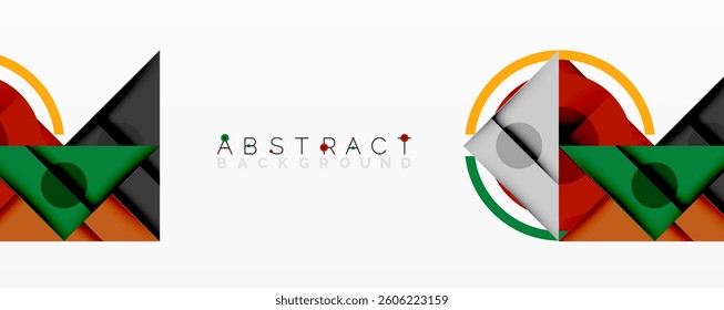 Abstract geometric composition with overlapping triangles, circles, and gradients, featuring a central circular design with text