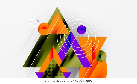 Abstract geometric composition. Overlapping triangles, circles, lines create dynamic visual effect. Orange, purple, green hues dominate design.