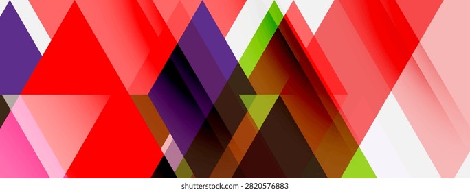 Abstract geometric composition. Overlapping triangles, rectangles create dynamic visual effect. Red dominates, complemented by purple, green hues.