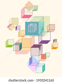 Abstract geometric composition with patterned cubes. Poster design.