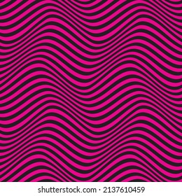 Abstract geometric composition of pink horizontal wavy stripes on a black background. Optical illusion. Seamless vector pattern.