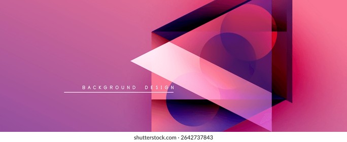 Abstract geometric composition. Pink, purple gradients dominate design. Overlapping shapes create depth, modern aesthetic. Text reads background design.