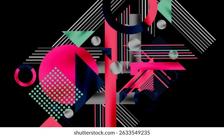 Abstract geometric composition. Pink, teal, navy shapes overlap. Lines create dynamic visual texture. Modern design elements present.