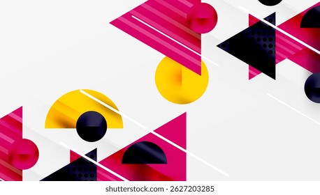 Abstract geometric composition. Pink, yellow, black shapes overlap white background. Dynamic lines create modern visual effect.