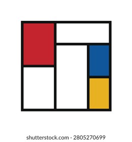 Abstract geometric composition with primary red blue and yellow color blocks separated by thick black grid lines illustration