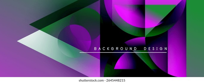 Abstract geometric composition. Purple, green hues blend. Modern design elements create dynamic visual effect. Text reads background design.