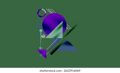 Abstract geometric composition. Purple shapes dominate green background. Lines, circles, triangles create modern design.