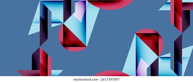 Abstract geometric composition. Red, blue shapes intersect, creating dynamic visual effect. Modern design, clean lines dominate.