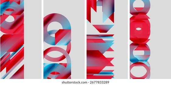 Abstract geometric composition. Red, blue hues dominate, layered shapes create dynamic visual effect. Modern design, vibrant colors.