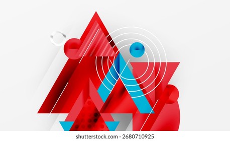 Composición geométrica Abstractas. Las Formas rojas y azules se superponen, creando un efecto visual dinámico. Círculos, triángulos dominan el diseño. Estilo moderno.