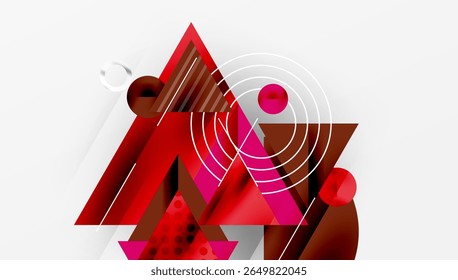 Abstract geometric composition. Red, brown tones dominate. Shapes overlap, creating dynamic visual interest. Minimalist design.