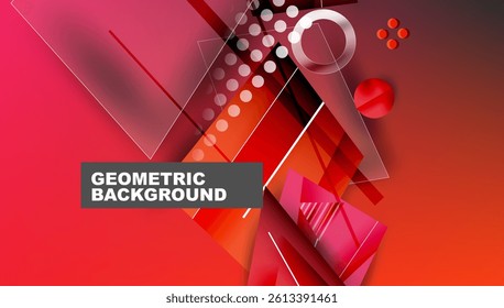Abstract geometric composition. Red gradients dominate, featuring overlapping shapes, lines, circles. Modern design, dynamic visual elements create depth.