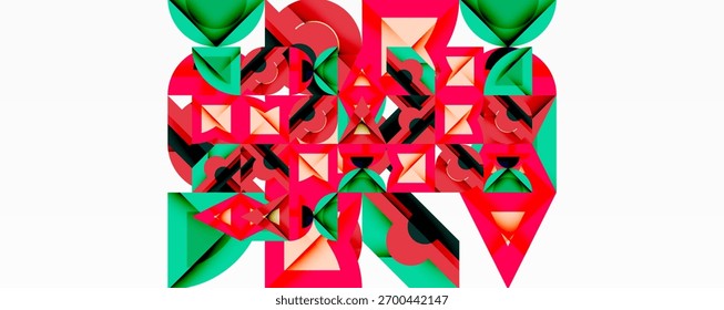 Abstract geometric composition. Red, green, black shapes interlock, creating complex pattern. Minimalist design, flat aesthetic.