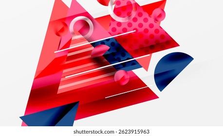 Composição geométrica abstrata. Formas vermelhas, cor-de-rosa e marinhas se sobrepõem. Linhas, círculos criam efeito visual dinâmico. Elementos de design modernos presentes.