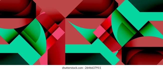 Composição geométrica abstrata. As formas vermelhas e negras se cruzam, criando um ritmo visual dinâmico. Design minimalista, cores arrojadas dominam.