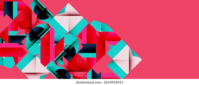 Abstract geometric composition. Red, turquoise, black shapes overlap creating dynamic visual texture. Minimalist design, modern aesthetic.