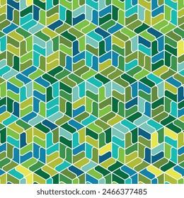 Abstract geometric composition with repeated ornate green, yellow, and blue cubes. Retro design in mosaic style. Seamless repeating pattern.