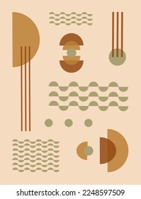 Abstract geometric composition in restrained brown-beige tones. Set of circles, wavy lines, semicircle. Vector. For design