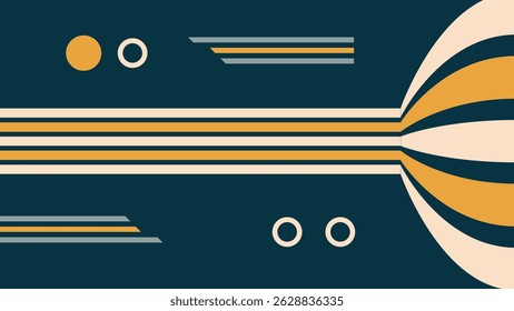 Abstract geometric composition with retro curved lines and bold color contrast on a dark background. Ideal for modern digital designs.