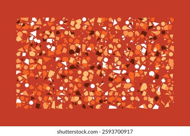An abstract geometric composition with scattered orange, brown, and beige shapes. Triangles, circles, and squares create a dynamic and energetic pattern on a white background, evoking motion.