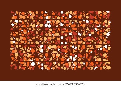 An abstract geometric composition with scattered orange, brown, and beige shapes. Triangles, circles, and squares create a dynamic and energetic pattern on a white background, evoking motion.