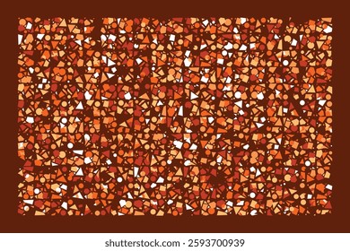 An abstract geometric composition with scattered orange, brown, and beige shapes. Triangles, circles, and squares create a dynamic and energetic pattern on a white background, evoking motion.