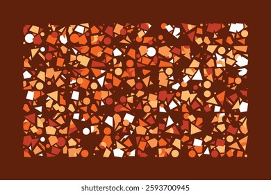 An abstract geometric composition with scattered orange, brown, and beige shapes. Triangles, circles, and squares create a dynamic and energetic pattern on a white background, evoking motion.