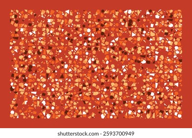An abstract geometric composition with scattered orange, brown, and beige shapes. Triangles, circles, and squares create a dynamic and energetic pattern on a white background, evoking motion.
