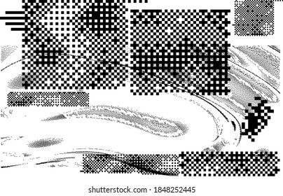 Abstract geometric composition of shapes and elements in pixel art style.