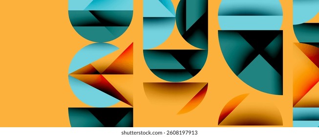 Abstract geometric composition. Shapes overlap, creating depth. Orange, teal, black colors dominate. Modern design, minimalist aesthetic.