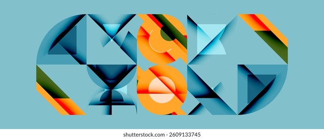 Abstract geometric composition. Shapes overlap, creating dynamic visual effect. Orange, blue, green tones dominate. Modern design, clean lines, digital art.